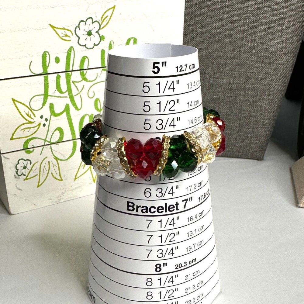 Holiday-Inspired Stretch Bracelet With Red Green & Clear Beaded Design Golden - Picture 5 of 6